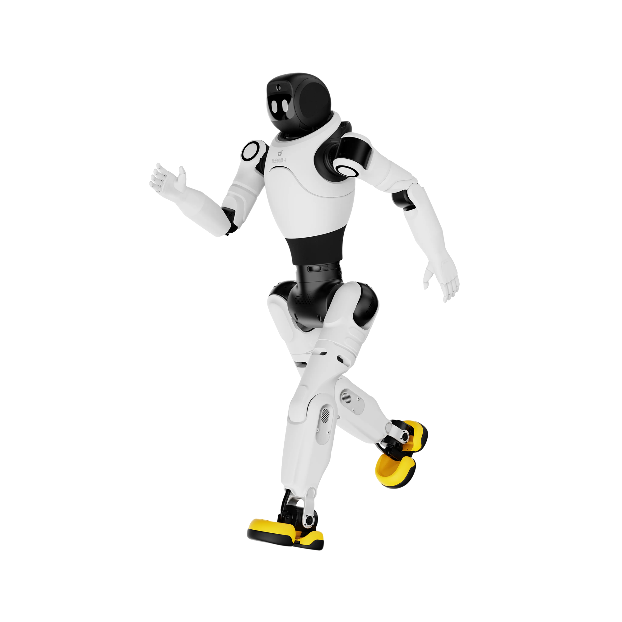 AGIBOT X2 compact humanoid robot with a black face display and yellow feet